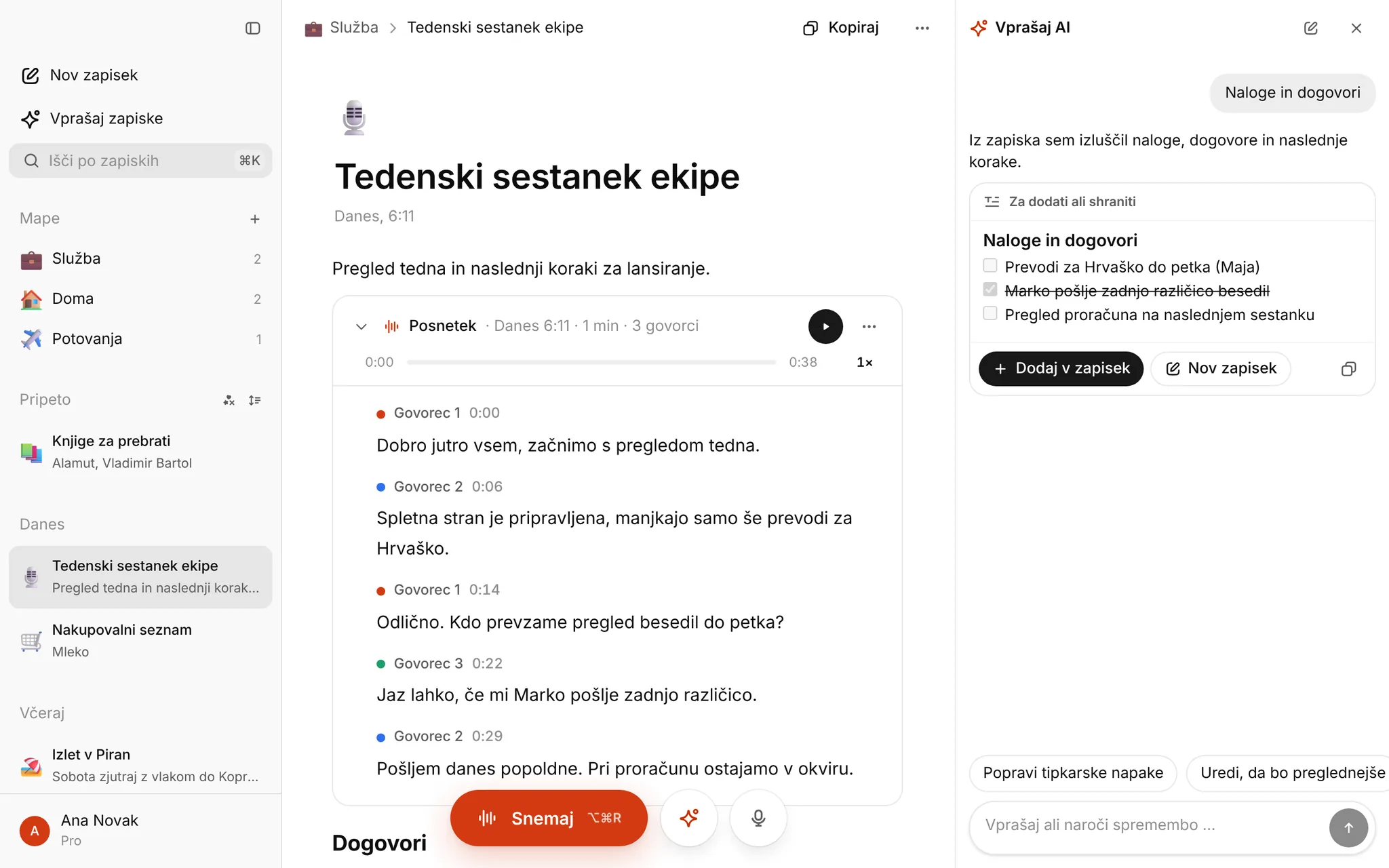 Zapisnik sestanka iz posnetka, z vzorcem za začetek