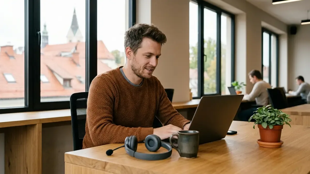 Moški v rjavem puloverju dela na prenosniku v svetlem coworking prostoru z razgledom na strehe, ob njem so slušalke z mikrofonom
